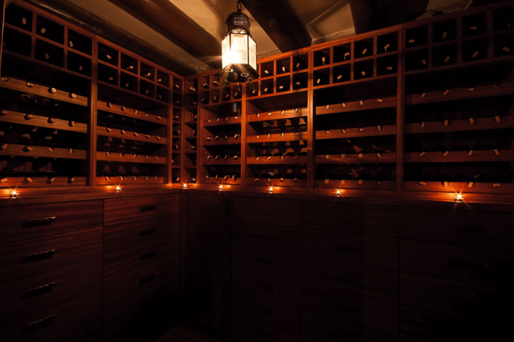 A dark wine cellar