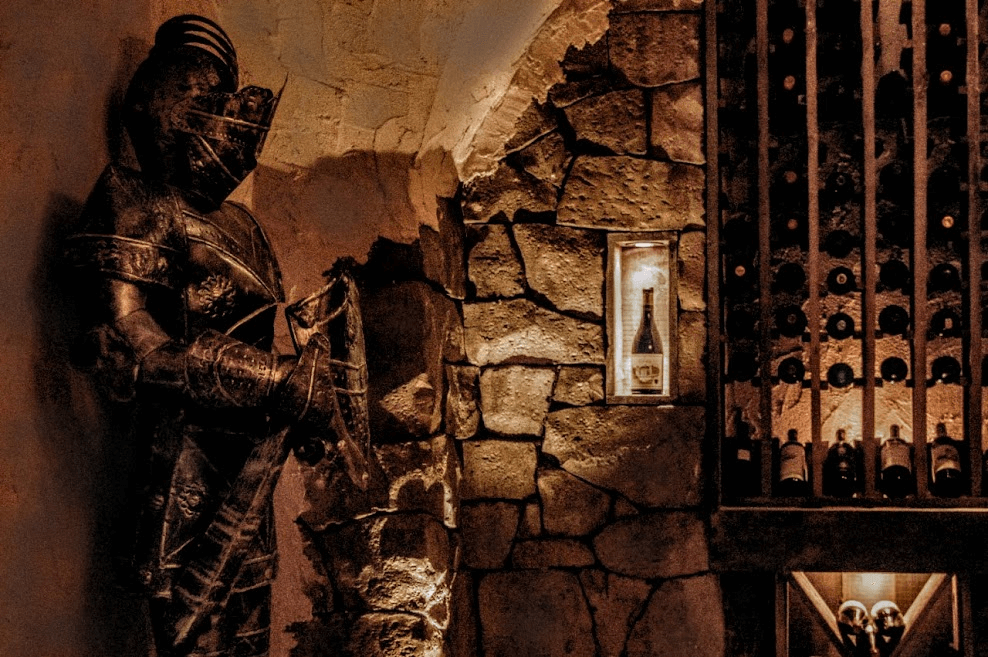 a wine display with a knight armor 