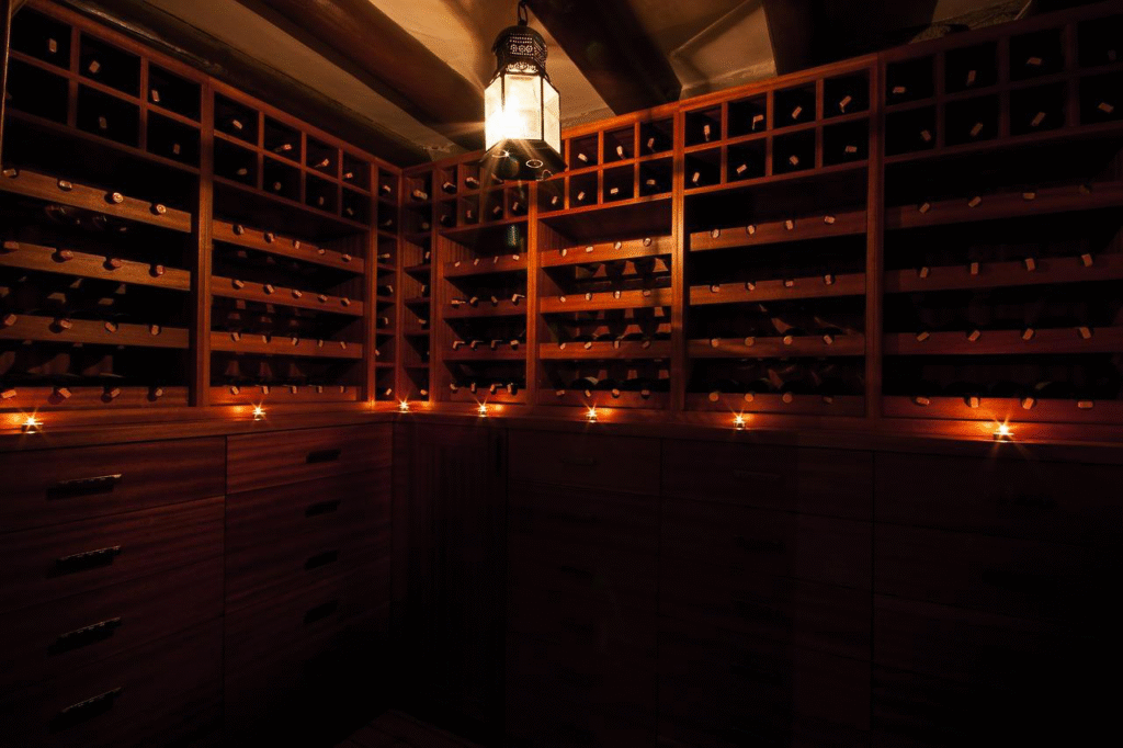 A dark wine cellar