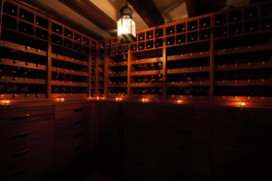 A dark wine cellar