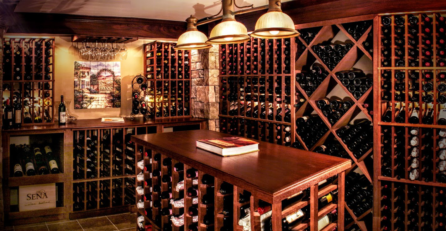 A custom wine cellar with overhead lighting