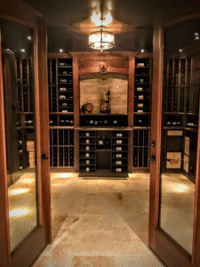 A wine cellar with glass doors