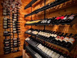 Baroque Design custom wine cellar featuring label-forward wine displays