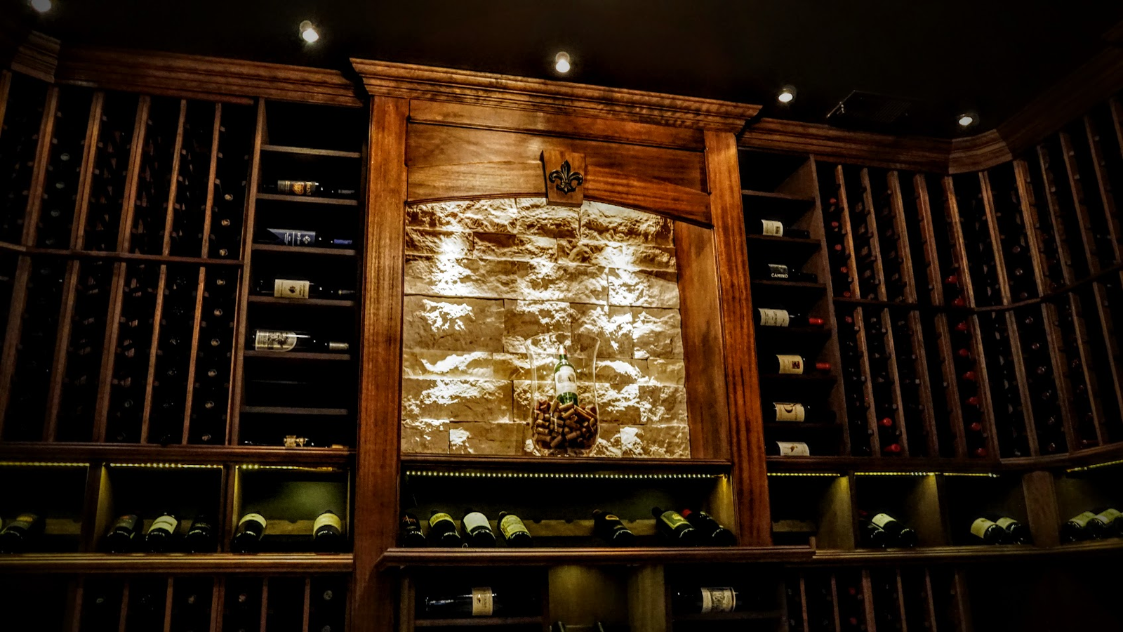 Wine cellar with lighting and built-in racks