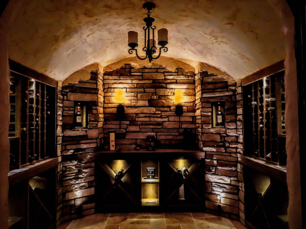 wine cellar with shelves of wine and a brick wall