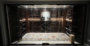 A luxury wine cellar with glass doors