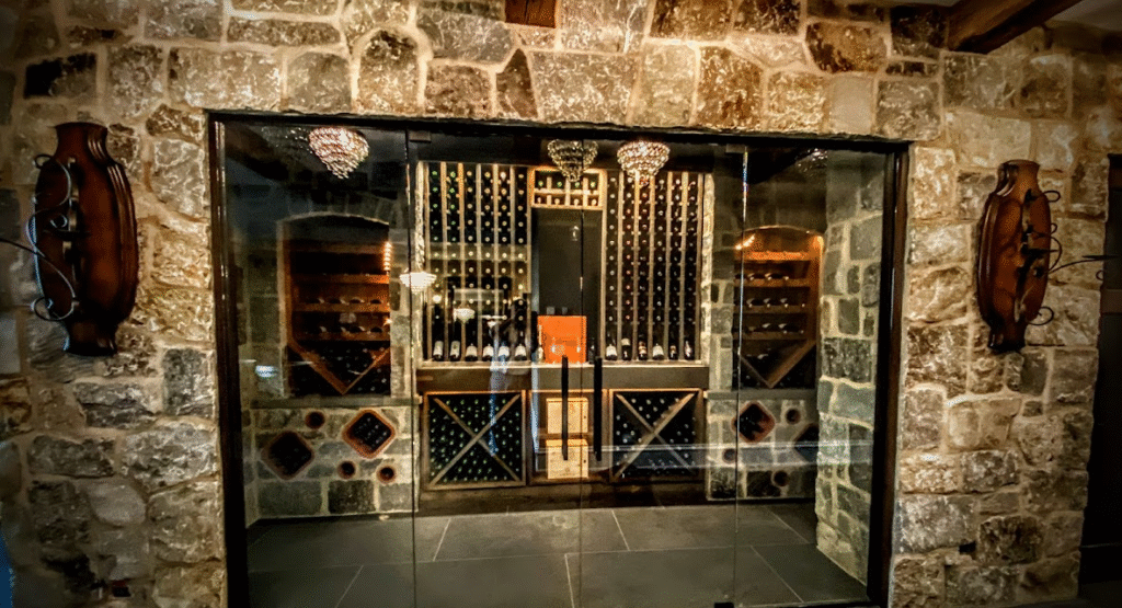 A wine cellar behind glass doors