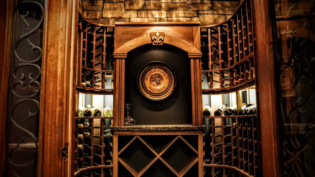 a wine cellar with rows of wine bottles