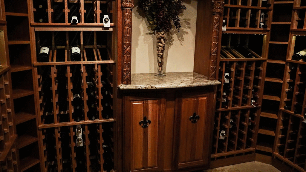 wine cellar with wooden shelves with wine