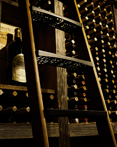 A ladder placed in a wine cellar room