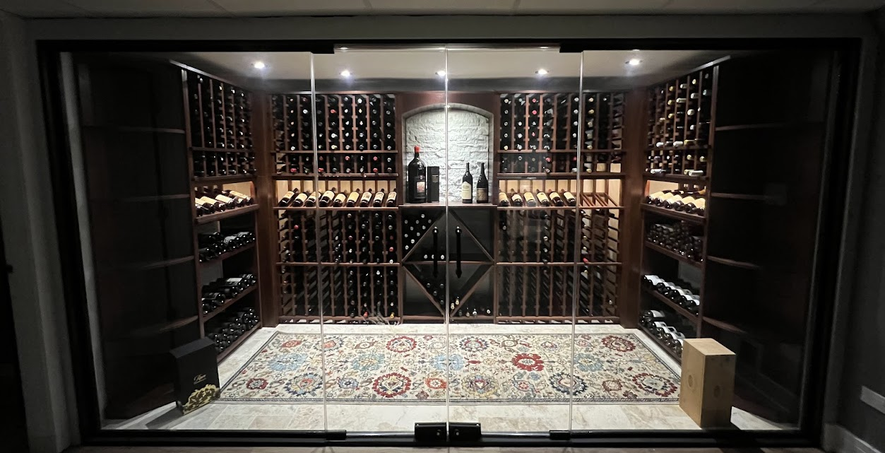 A wine cellar with a glass enclosure