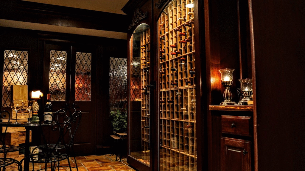 A wine cellar with glass-enclosed wine storage